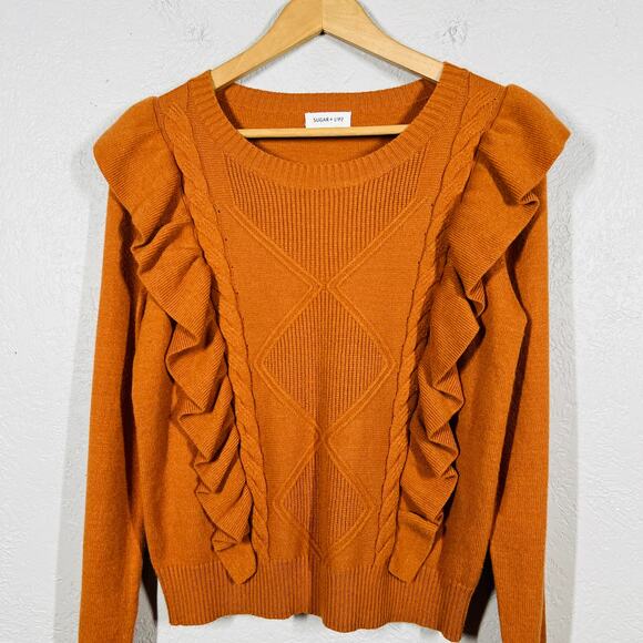 Sugar + Lipz SCoop Neck Retro Knit Sweater Ruffle Trim Rust LS Casual - M - Picture 2 of 4